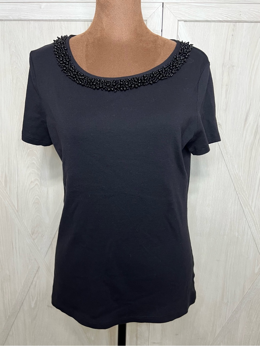 Talbots Black Beaded Neckline Top 100% Pima Cotton Size M